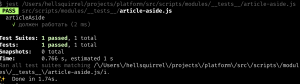 Консольный вывод запуска теста для article-aside. Пройден один тест из одного за 1.47 секунд.